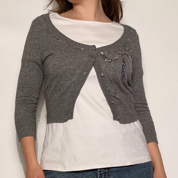 Vintage Y2K Forever 21 Grey Cropped Angora Shrug Cardigan w Sequin Bow! Medium - Picture 4 of 11